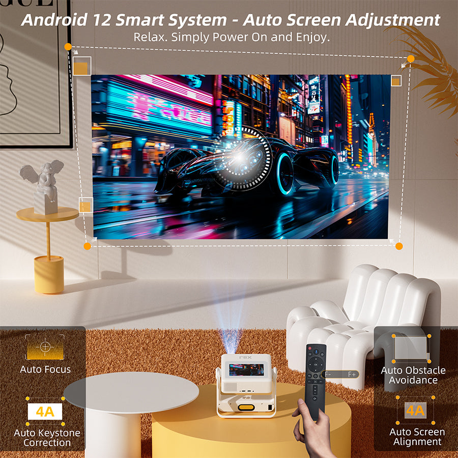 XBJ A5pro Touch Screen Smart Projector with WiFi 6 and Bluetooth 5.2, Built-in Apps, Support 4K, Outdoor Portable Projector with 180° Stand, Auto Focus, Movie Proyector for Bedroom/Home/Camping/Gaming/Home Theater/Backyard (White)