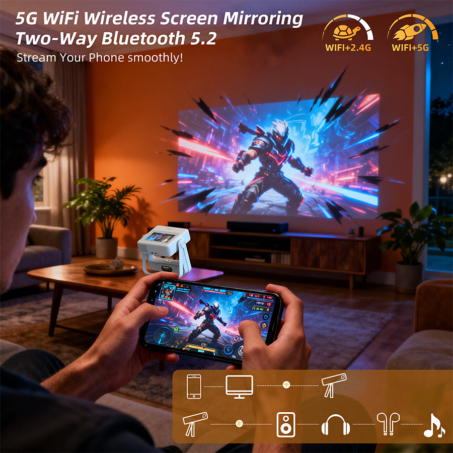 XBJ A5pro Touch Screen Smart Projector with WiFi 6 and Bluetooth 5.2, Built-in Apps, Support 4K, Outdoor Portable Projector with 180° Stand, Auto Focus, Movie Proyector for Bedroom/Home/Camping/Gaming/Home Theater/Backyard (White)