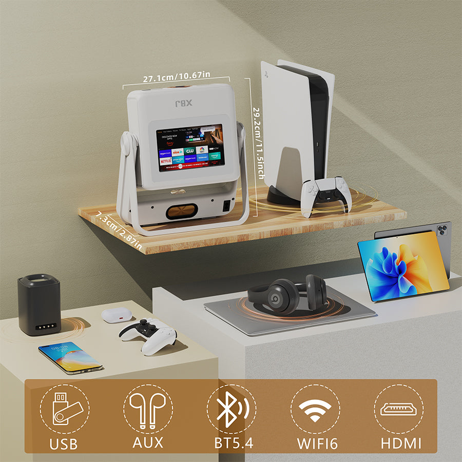 XBJ A5pro Touch Screen Smart Projector with WiFi 6 and Bluetooth 5.2, Built-in Apps, Support 4K, Outdoor Portable Projector with 180° Stand, Auto Focus, Movie Proyector for Bedroom/Home/Camping/Gaming/Home Theater/Backyard (White)