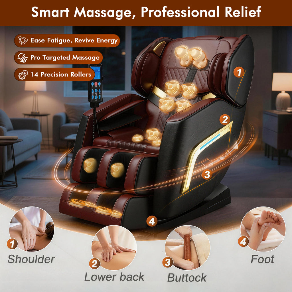 XBJ Massage Chair Full Body, Zero Gravity Shiatsu Massage Chair, Built-in 12 Fixed Rollers, 6 Airbags, Auto Modes, Foot Massage, Calfrest Extension, Speaker, for Living Room, Bedroom, BlackBrown