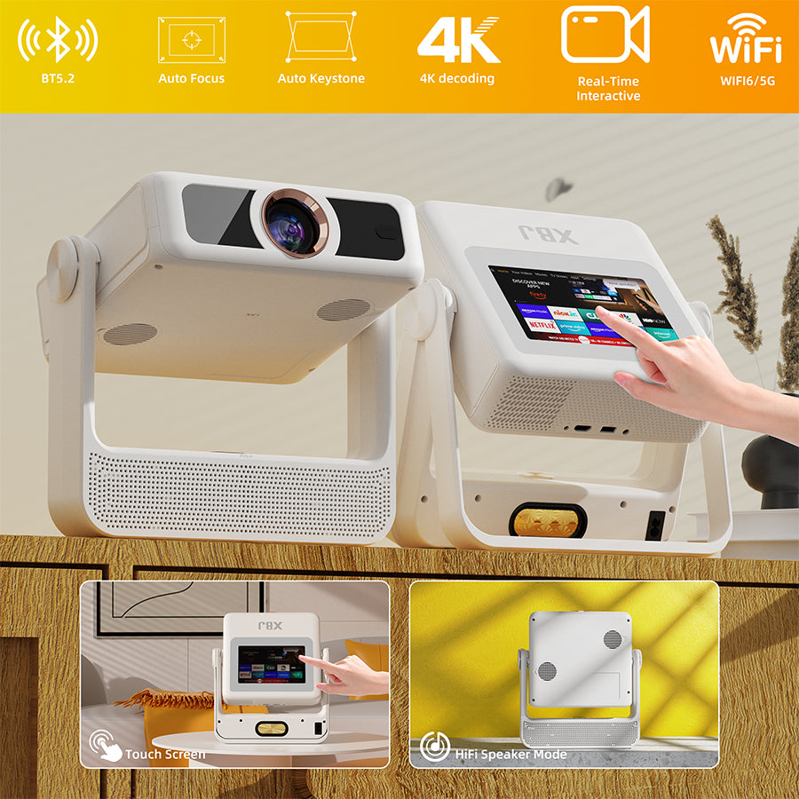 XBJ A5pro Touch Screen Smart Projector with WiFi 6 and Bluetooth 5.2, Built-in Apps, Support 4K, Outdoor Portable Projector with 180° Stand, Auto Focus, Movie Proyector for Bedroom/Home/Camping/Gaming/Home Theater/Backyard (White)