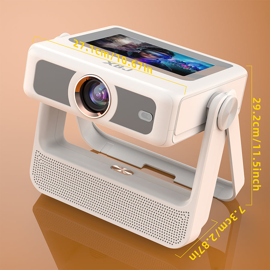 XBJ A5pro Touch Screen Smart Projector with WiFi 6 and Bluetooth 5.2, Built-in Apps, Support 4K, Outdoor Portable Projector with 180° Stand, Auto Focus, Movie Proyector for Bedroom/Home/Camping/Gaming/Home Theater/Backyard (White)