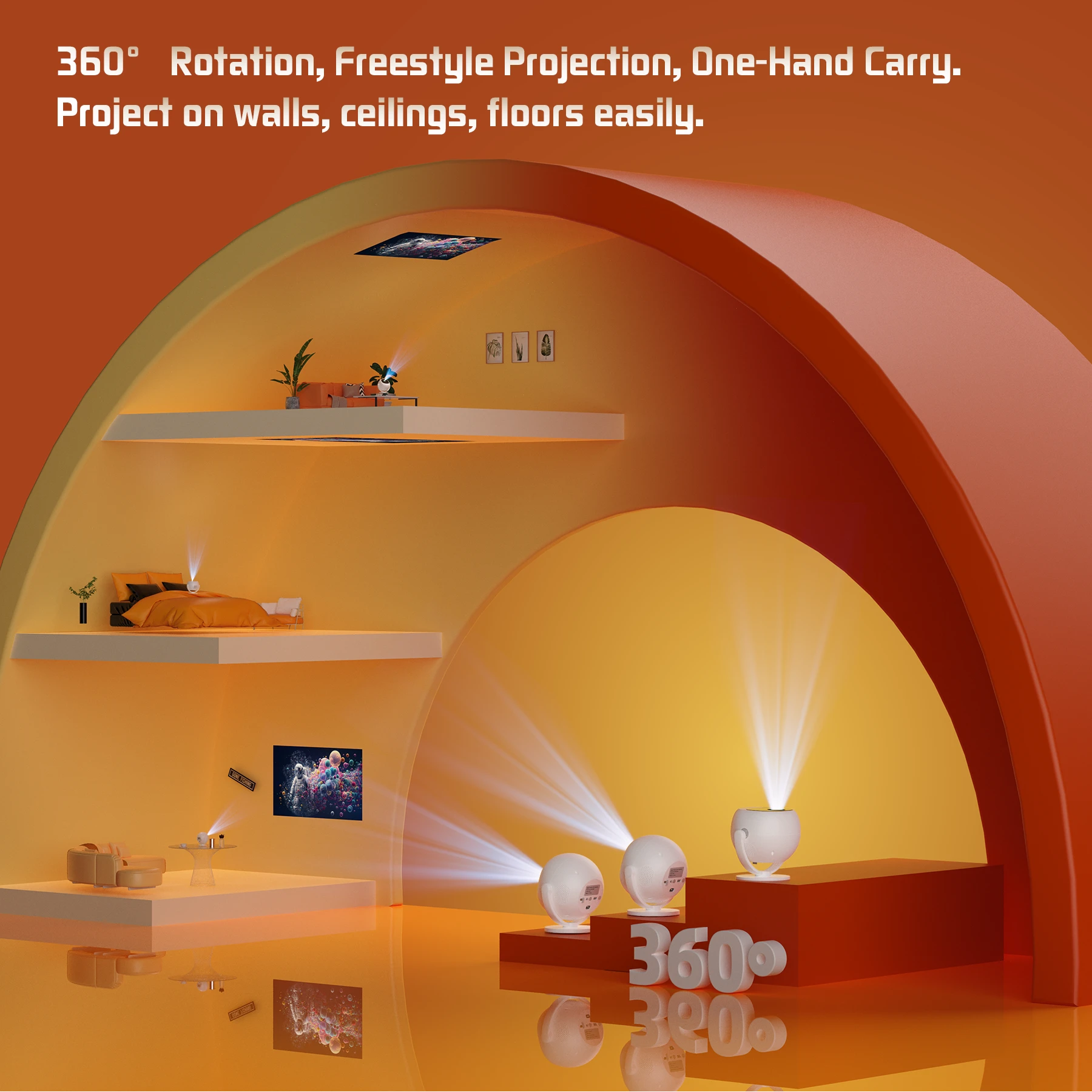 XBJ [Built-in Apps/Electric Focus] 360 Portable Projector, Wifi 6, Bluetooth, Smart Movie Projector for Bedroom, Support 4K Proyector Portátil, Auto Keystone, Compatible with TV Stick