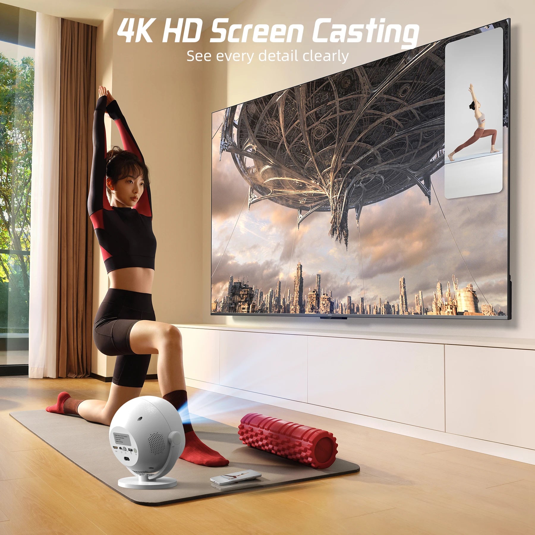 XBJ [Built-in Apps/Electric Focus] 360 Portable Projector, Wifi 6, Bluetooth, Smart Movie Projector for Bedroom, Support 4K Proyector Portátil, Auto Keystone, Compatible with TV Stick