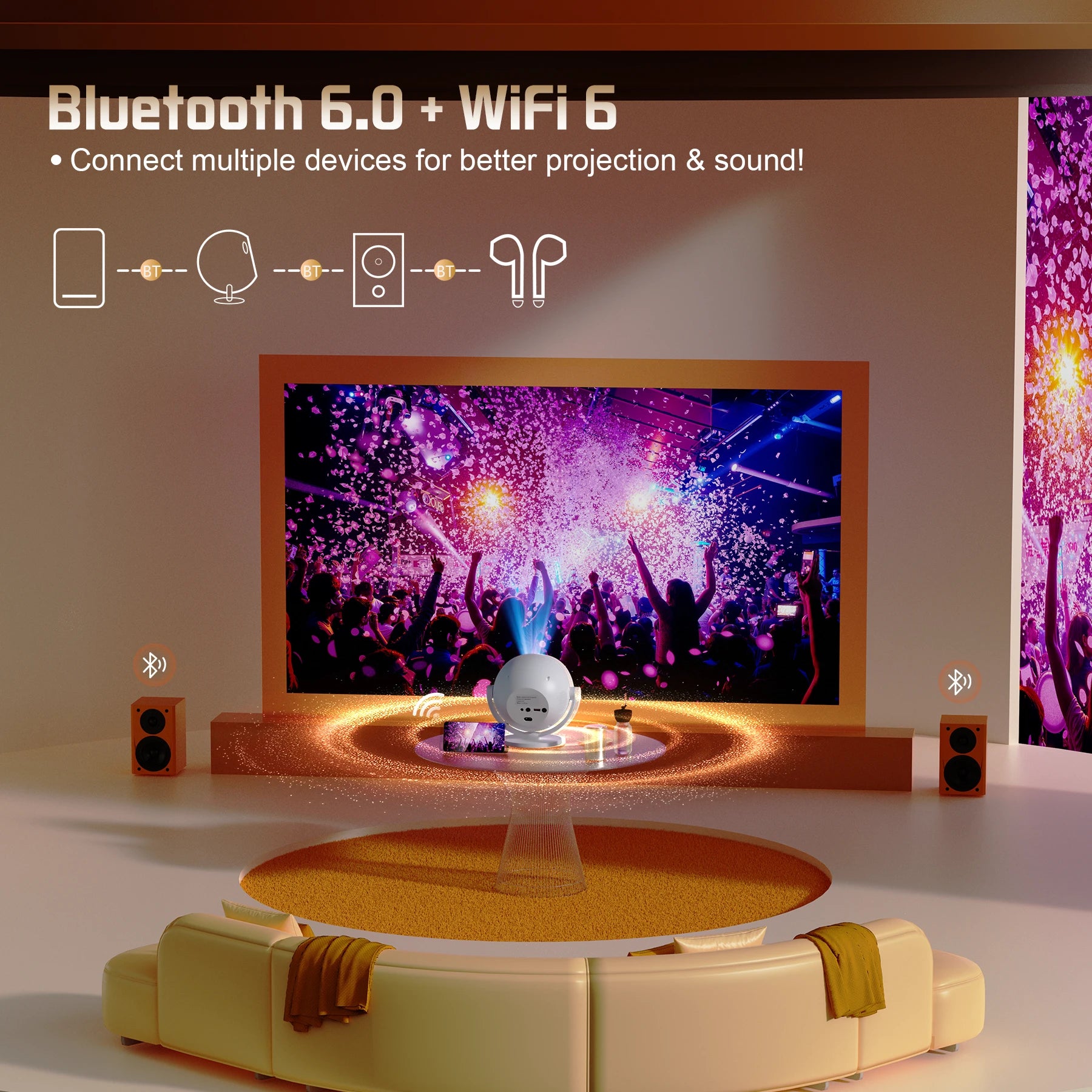 XBJ [Built-in Apps/Electric Focus] 360 Portable Projector, Wifi 6, Bluetooth, Smart Movie Projector for Bedroom, Support 4K Proyector Portátil, Auto Keystone, Compatible with TV Stick