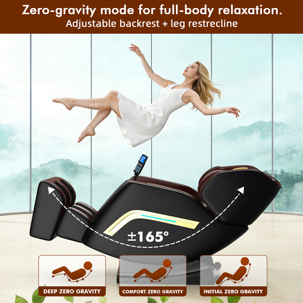 XBJ Massage Chair Full Body, Zero Gravity Shiatsu Massage Chair, Built-in 12 Fixed Rollers, 6 Airbags, Auto Modes, Foot Massage, Calfrest Extension, Speaker, for Living Room, Bedroom, BlackBrown