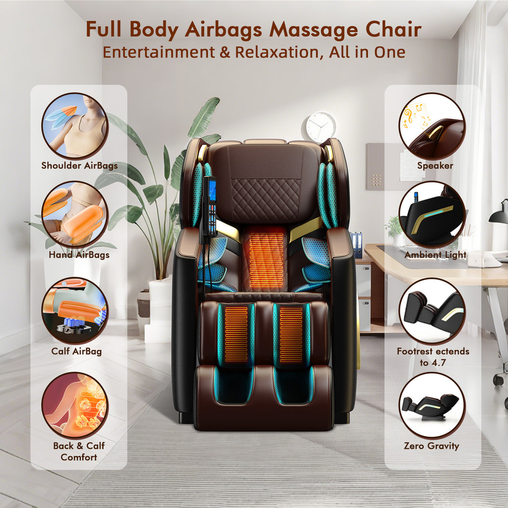 XBJ Massage Chair Full Body, Zero Gravity Shiatsu Massage Chair, Built-in 12 Fixed Rollers, 6 Airbags, Auto Modes, Foot Massage, Calfrest Extension, Speaker, for Living Room, Bedroom, BlackBrown