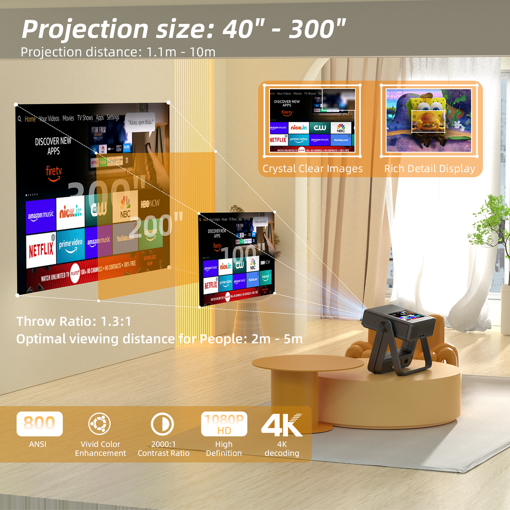 XBJ A5pro Touch Screen Smart Projector with WiFi 6 and Bluetooth 5.2, Built-in Apps, Support 4K, Outdoor Portable Projector with 180° Stand, Auto Focus, Movie Proyector for Bedroom/Home/Camping/Gaming/Home Theater/Backyard (Darkgray）
