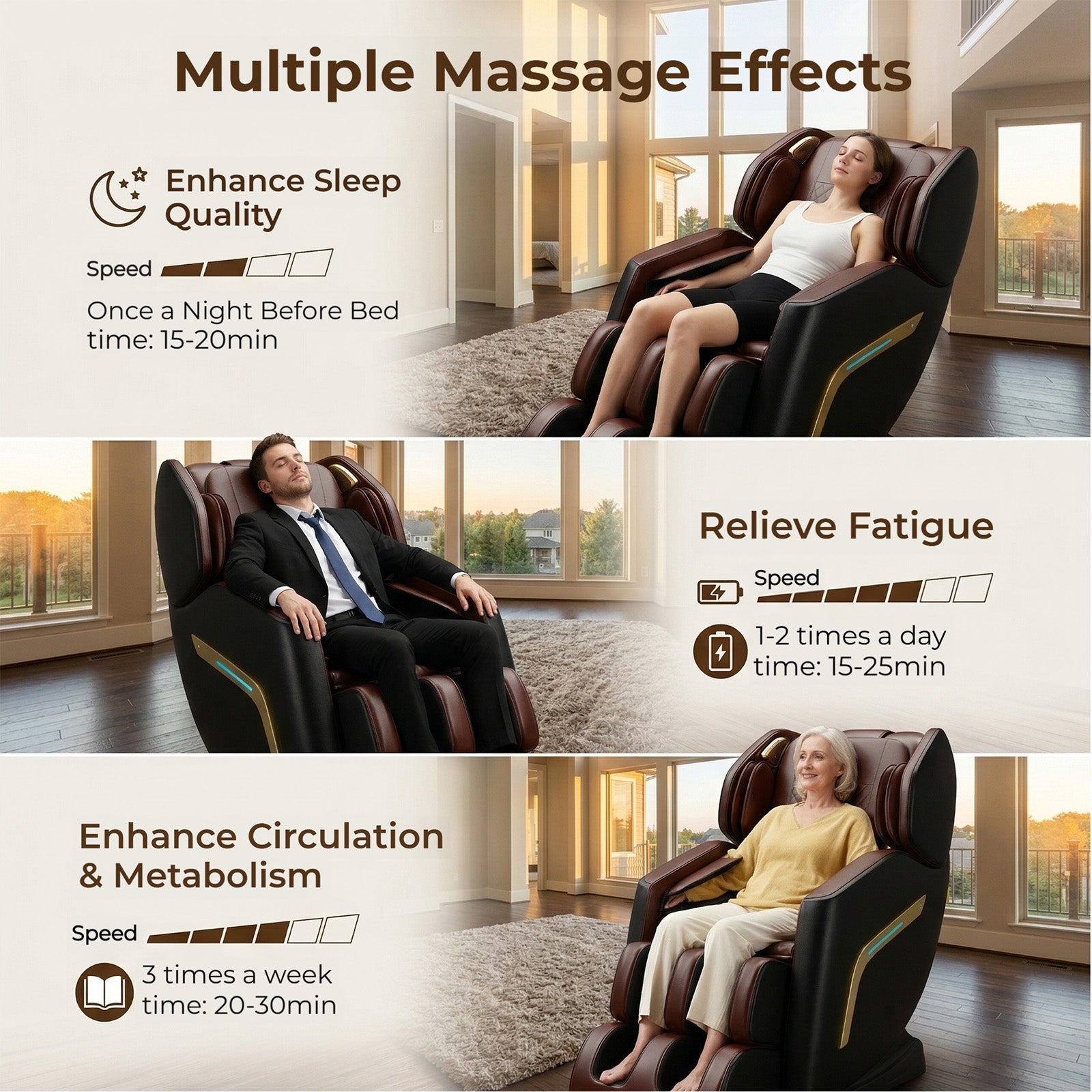 XBJ Massage Chair Full Body, Zero Gravity Shiatsu Massage Chair, Built-in 12 Fixed Rollers, 6 Airbags, Auto Modes, Foot Massage, Calfrest Extension, Speaker, for Living Room, Bedroom, BlackBrown