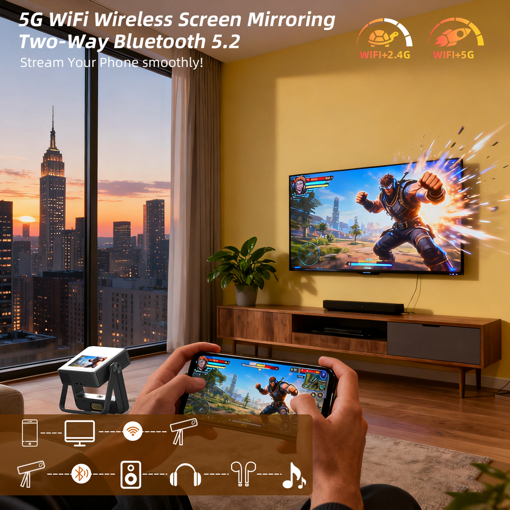 XBJ A5pro Touch Screen Smart Projector with WiFi 6 and Bluetooth 5.2, Built-in Apps, Support 4K, Outdoor Portable Projector with 180° Stand, Auto Focus, Movie Proyector for Bedroom/Home/Camping/Gaming/Home Theater/Backyard (Darkgray）