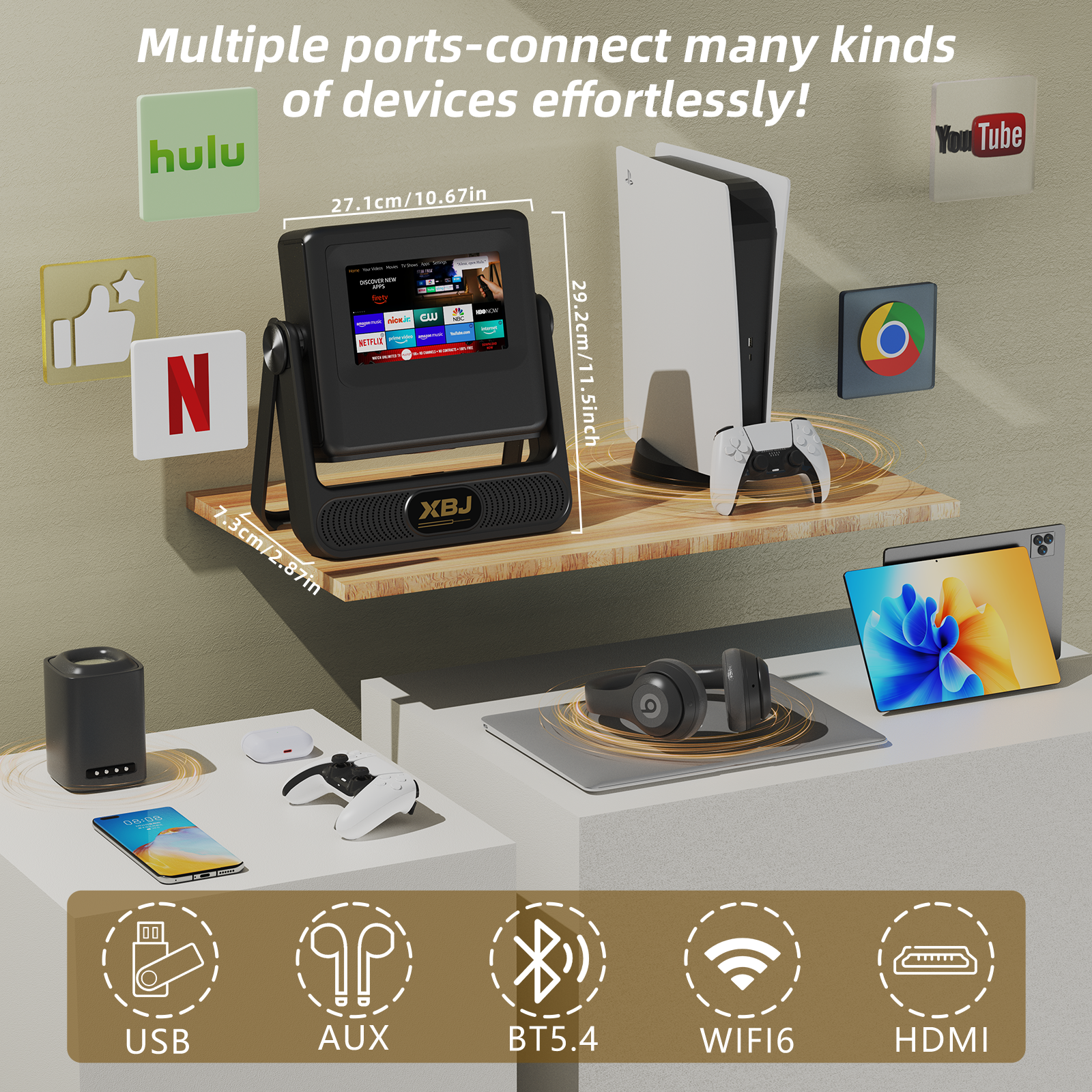 XBJ A5pro Touch Screen Smart Projector with WiFi 6 and Bluetooth 5.2, Built-in Apps, Support 4K, Outdoor Portable Projector with 180° Stand, Auto Focus, Movie Proyector for Bedroom/Home/Camping/Gaming/Home Theater/Backyard (Darkgray）