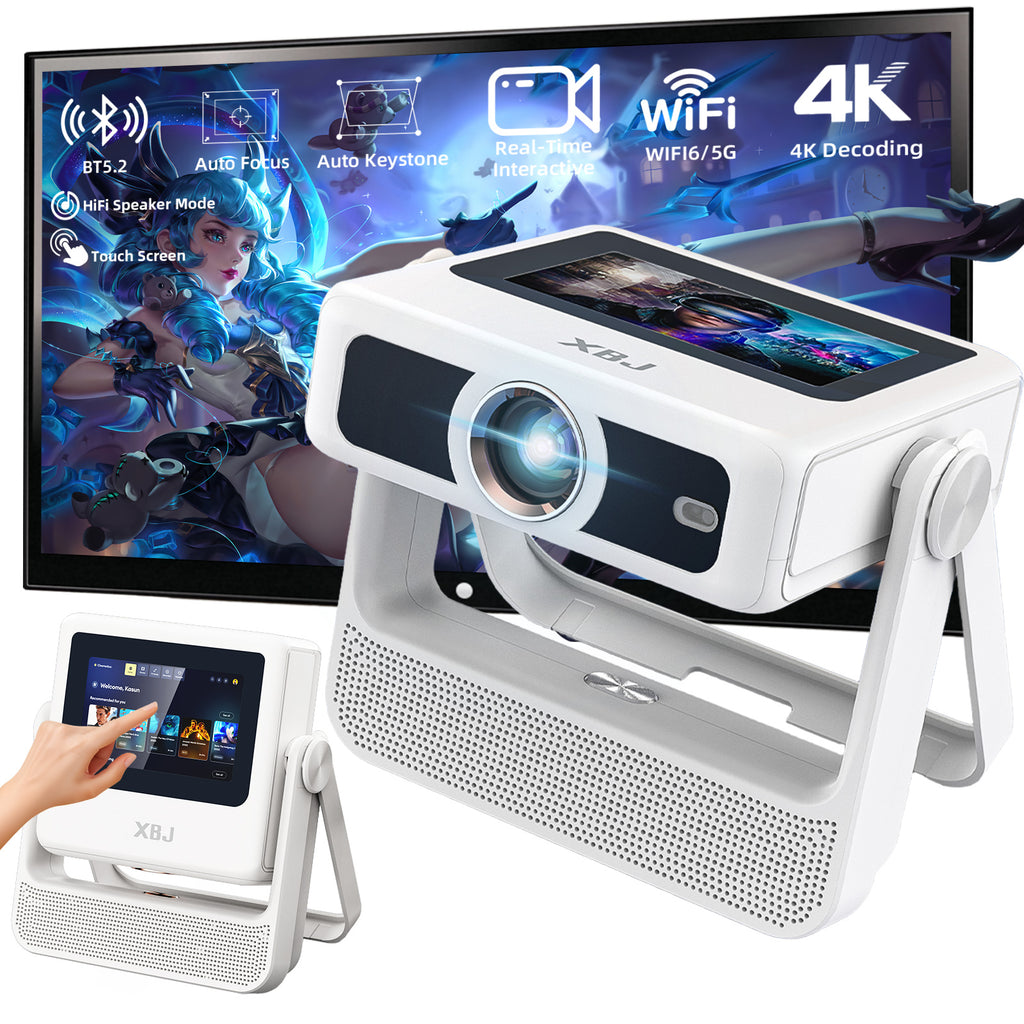 XBJ A5pro Touch Screen Smart Projector with WiFi 6 and Bluetooth 5.2, Built-in Apps, Support 4K, Outdoor Portable Projector with 180° Stand, Auto Focus, Movie Proyector for Bedroom/Home/Camping/Gaming/Home Theater/Backyard (White)