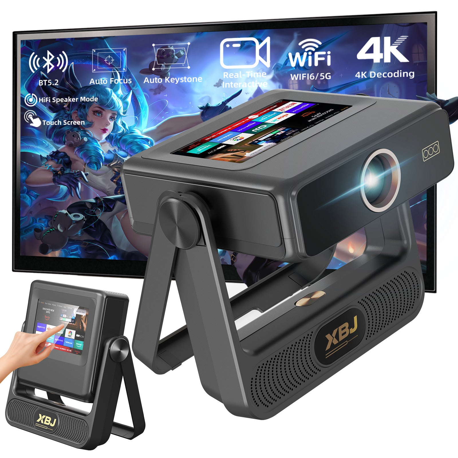 XBJ A5pro Touch Screen Smart Projector with WiFi 6 and Bluetooth 5.2, Built-in Apps, Support 4K, Outdoor Portable Projector with 180° Stand, Auto Focus, Movie Proyector for Bedroom/Home/Camping/Gaming/Home Theater/Backyard (White)