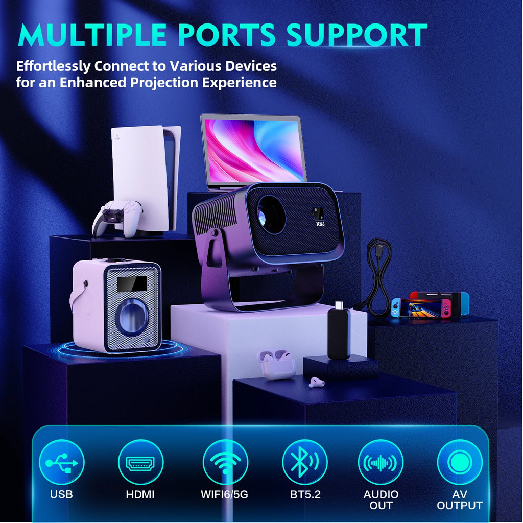 XBJ [Built-in Apps] K6 Portable Projector, 1080P HD Support 4K, Outdoor Smart Mini Projector with WiFi and Bluetooth, Electric Focus, Movie Proyector for Bedroom, Compatible with TV Stick/Smartphone