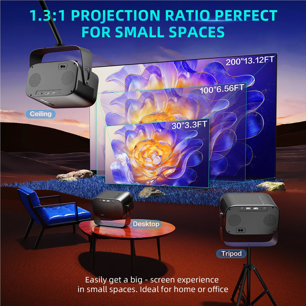 XBJ [Built-in Apps] K6 Portable Projector, 1080P HD Support 4K, Outdoor Smart Mini Projector with WiFi and Bluetooth, Electric Focus, Movie Proyector for Bedroom, Compatible with TV Stick/Smartphone