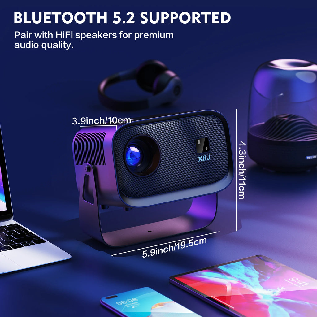 XBJ [Built-in Apps] K6 Portable Projector, 1080P HD Support 4K, Outdoor Smart Mini Projector with WiFi and Bluetooth, Electric Focus, Movie Proyector for Bedroom, Compatible with TV Stick/Smartphone