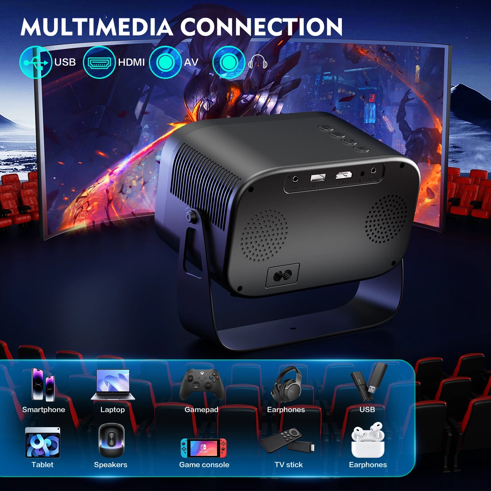 XBJ [Built-in Apps] K6 Portable Projector, 1080P HD Support 4K, Outdoor Smart Mini Projector with WiFi and Bluetooth, Electric Focus, Movie Proyector for Bedroom, Compatible with TV Stick/Smartphone