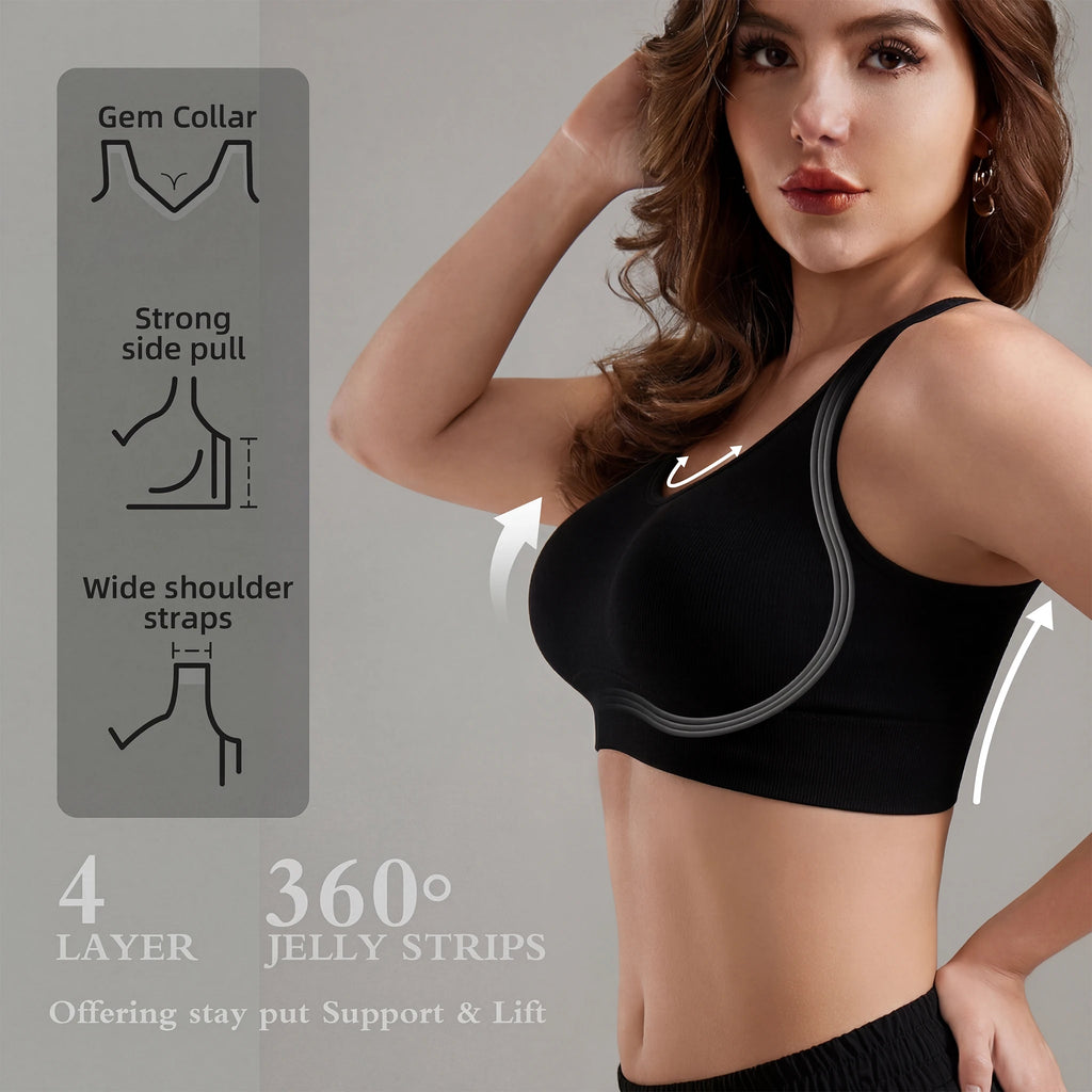 Jelly Bras for Women No Underwire, Plus Size Full Coverage Deep V Supportive Seamless Tshirt Bra, Adjustable Straps Lift (Black, NY01)