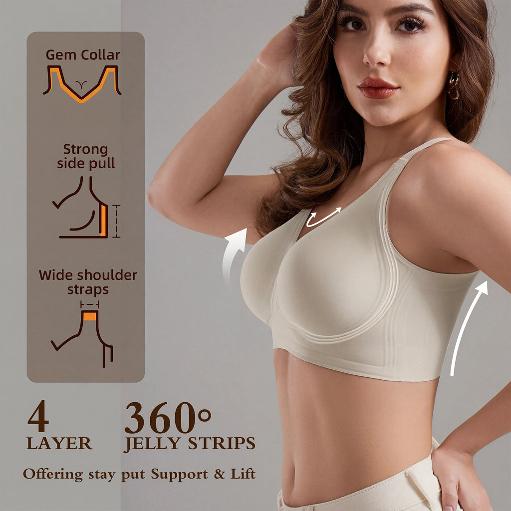 Jelly Bras for Women No Underwire, Plus Size Full Coverage Deep V Supportive Seamless Tshirt Bra, Adjustable Straps Lift (White, NY01)
