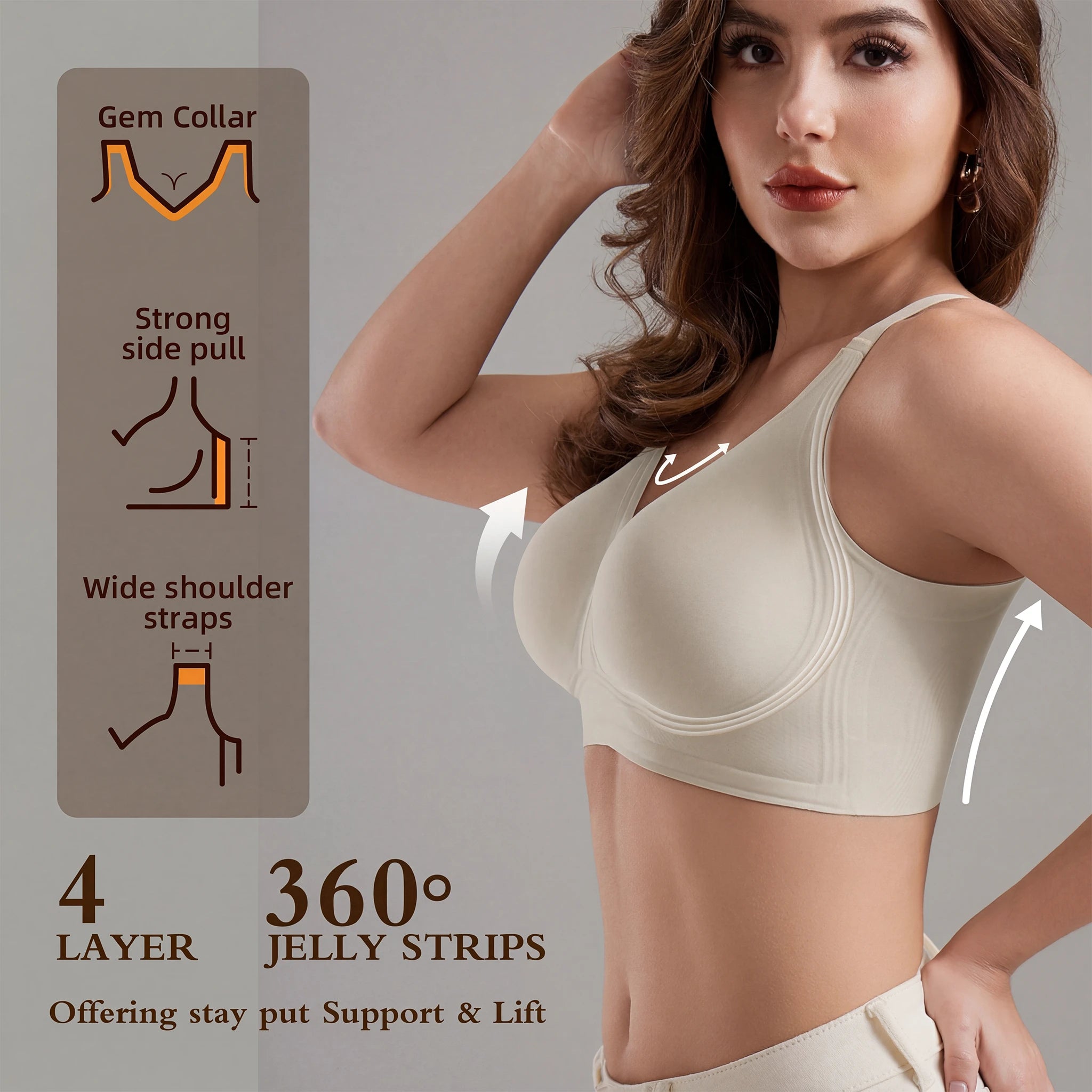 Jelly Bras for Women No Underwire, Plus Size Full Coverage Deep V Supportive Seamless Tshirt Bra, Adjustable Straps Lift (White, NY01)