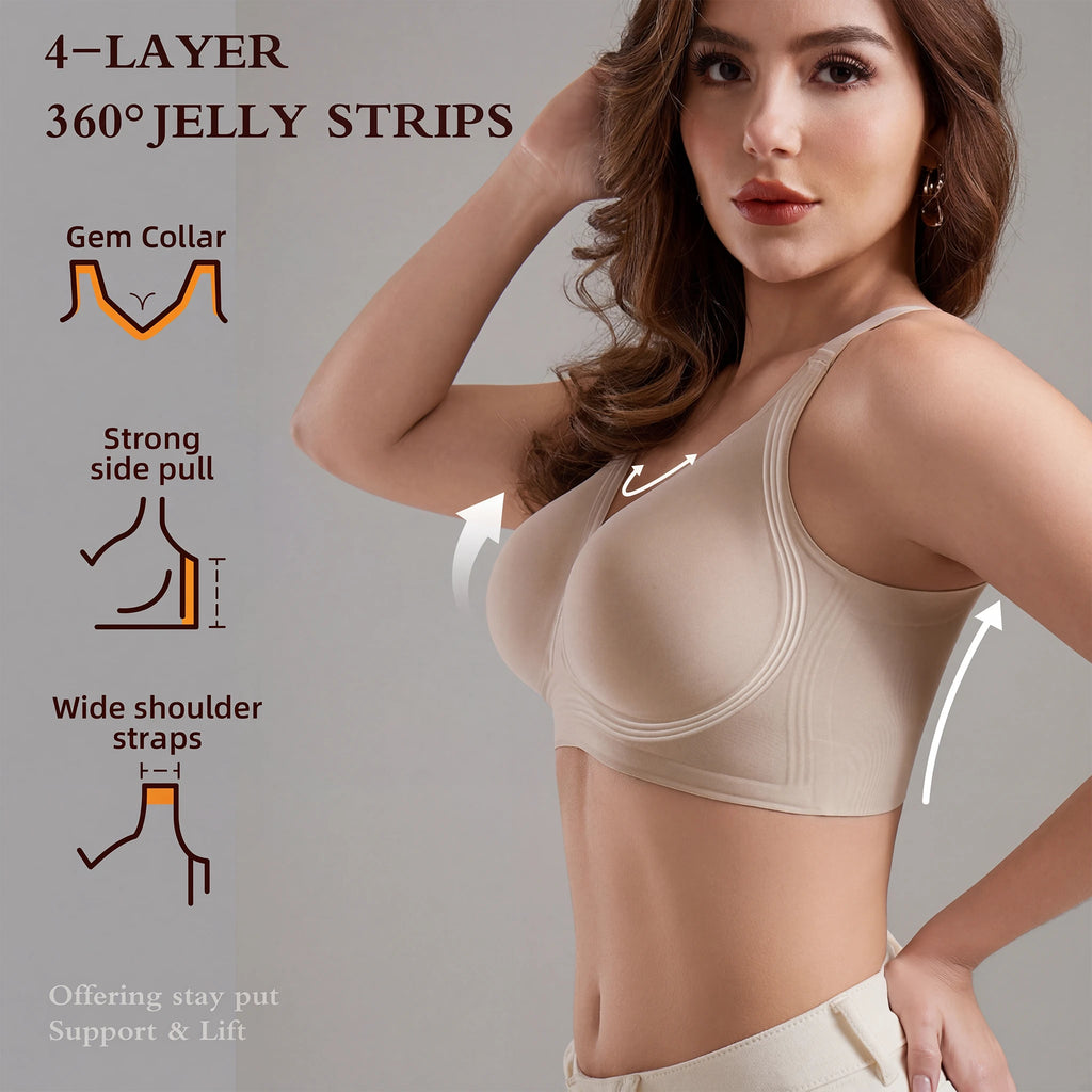 Jelly Bras for Women No Underwire, Plus Size Full Coverage Deep V Supportive Seamless Tshirt Bra, Adjustable Straps Lift (Nude, NY01)