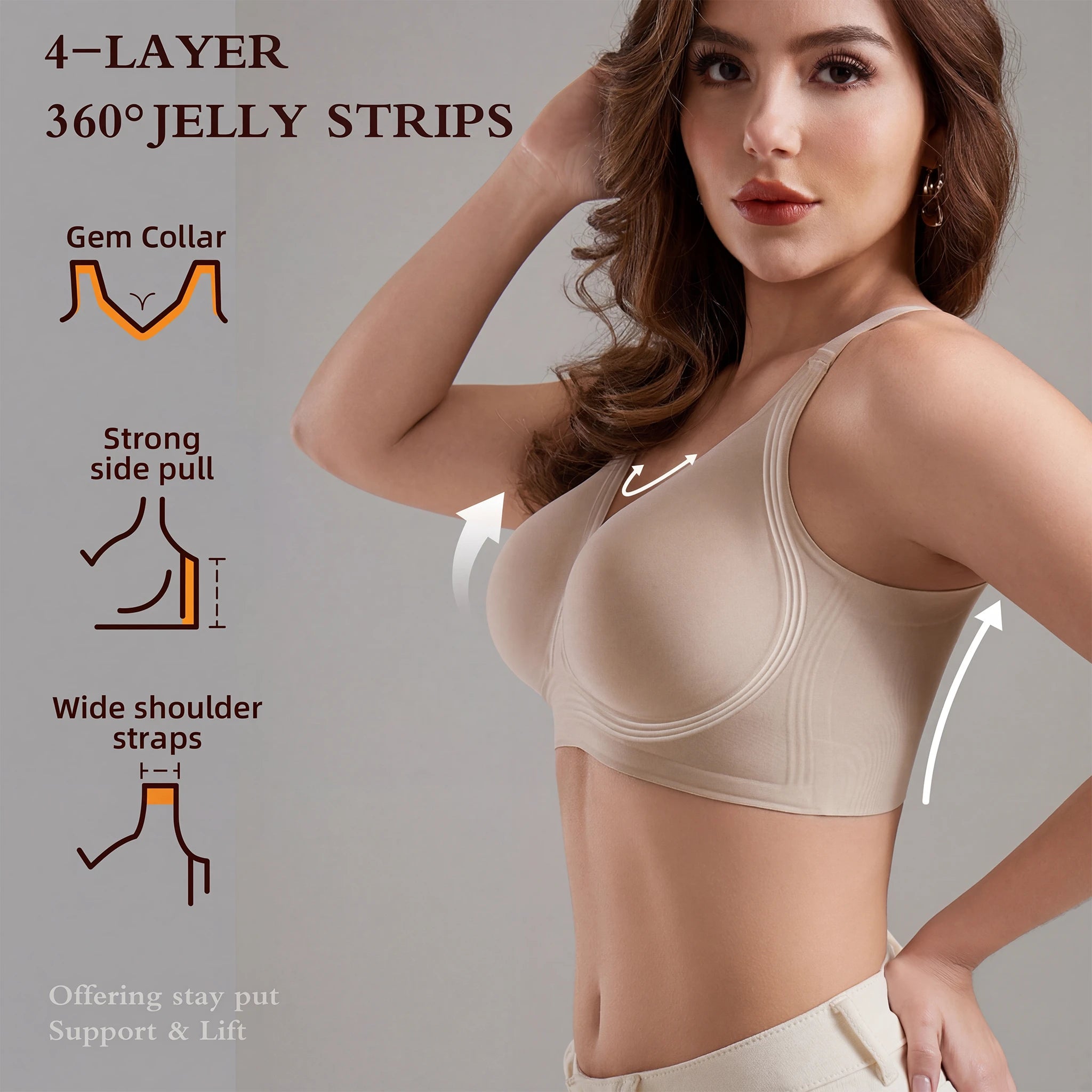 Jelly Bras for Women No Underwire, Plus Size Full Coverage Deep V Supportive Seamless Tshirt Bra, Adjustable Straps Lift (Nude, NY01)