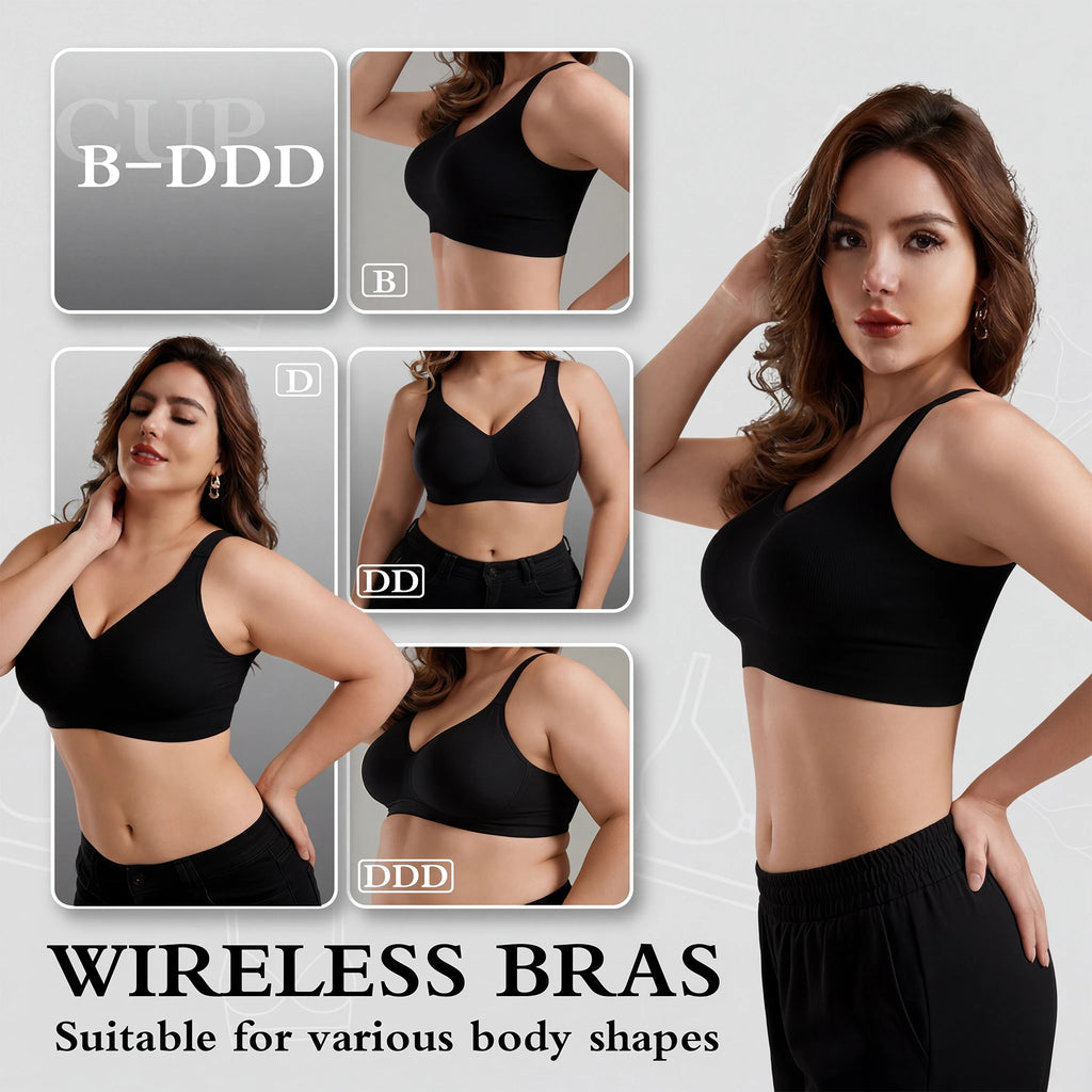 Jelly Bras for Women No Underwire, Plus Size Full Coverage Deep V Supportive Seamless Tshirt Bra, Adjustable Straps Lift (Black, NY01)