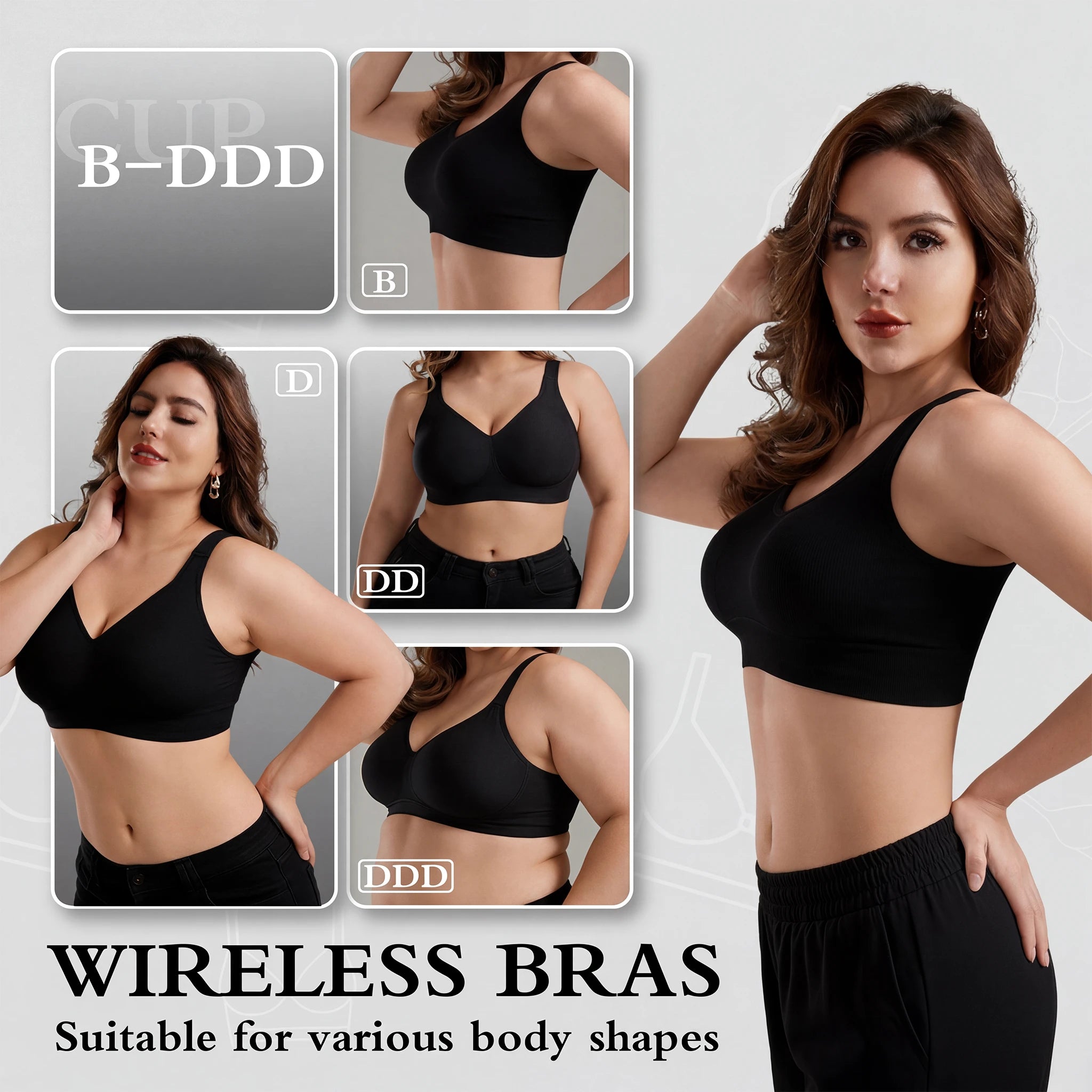 Jelly Bras for Women No Underwire, Plus Size Full Coverage Deep V Supportive Seamless Tshirt Bra, Adjustable Straps Lift (Black, NY01)