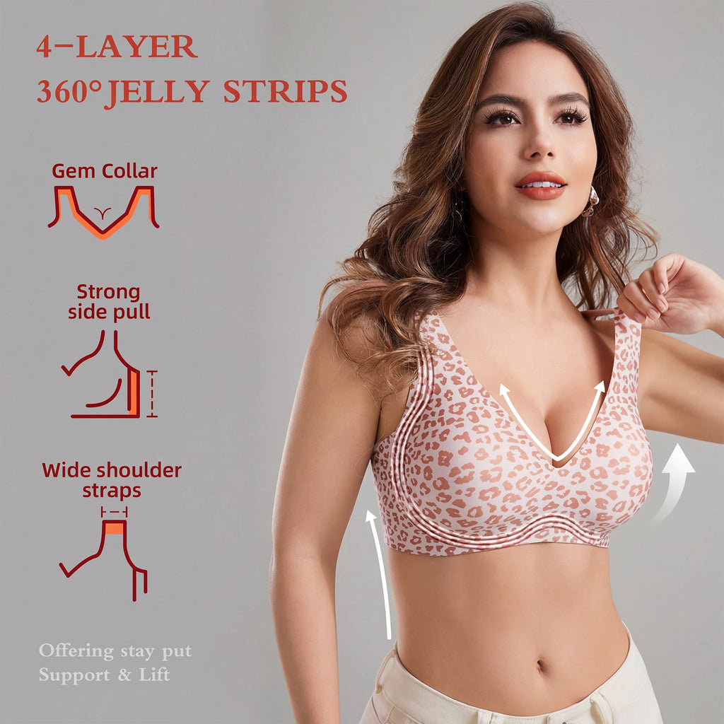 Stylish Leopard Print Jelly Bras for Women No Underwire, Deep V Full Coverage Seamless Supportive Everyday Bra(Leopard Print, Pink, NY02)