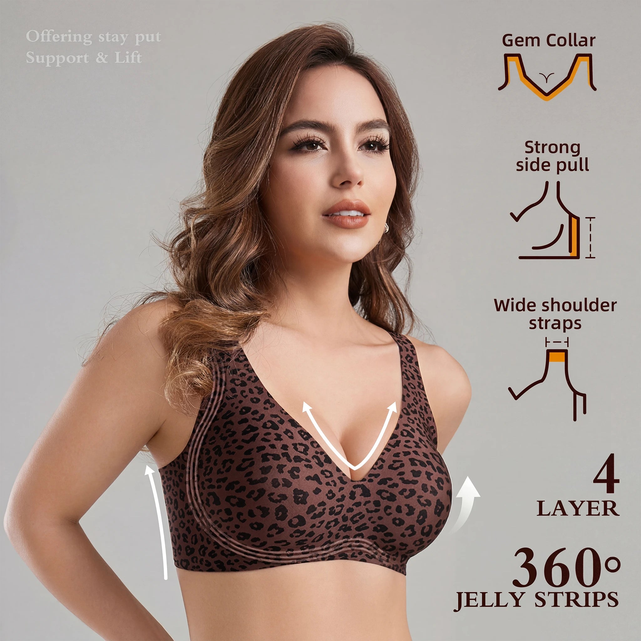 Stylish Leopard Print Jelly Bras for Women No Underwire, Deep V Full Coverage Seamless Supportive Everyday Bra(Leopard Print, Brown, NY02)