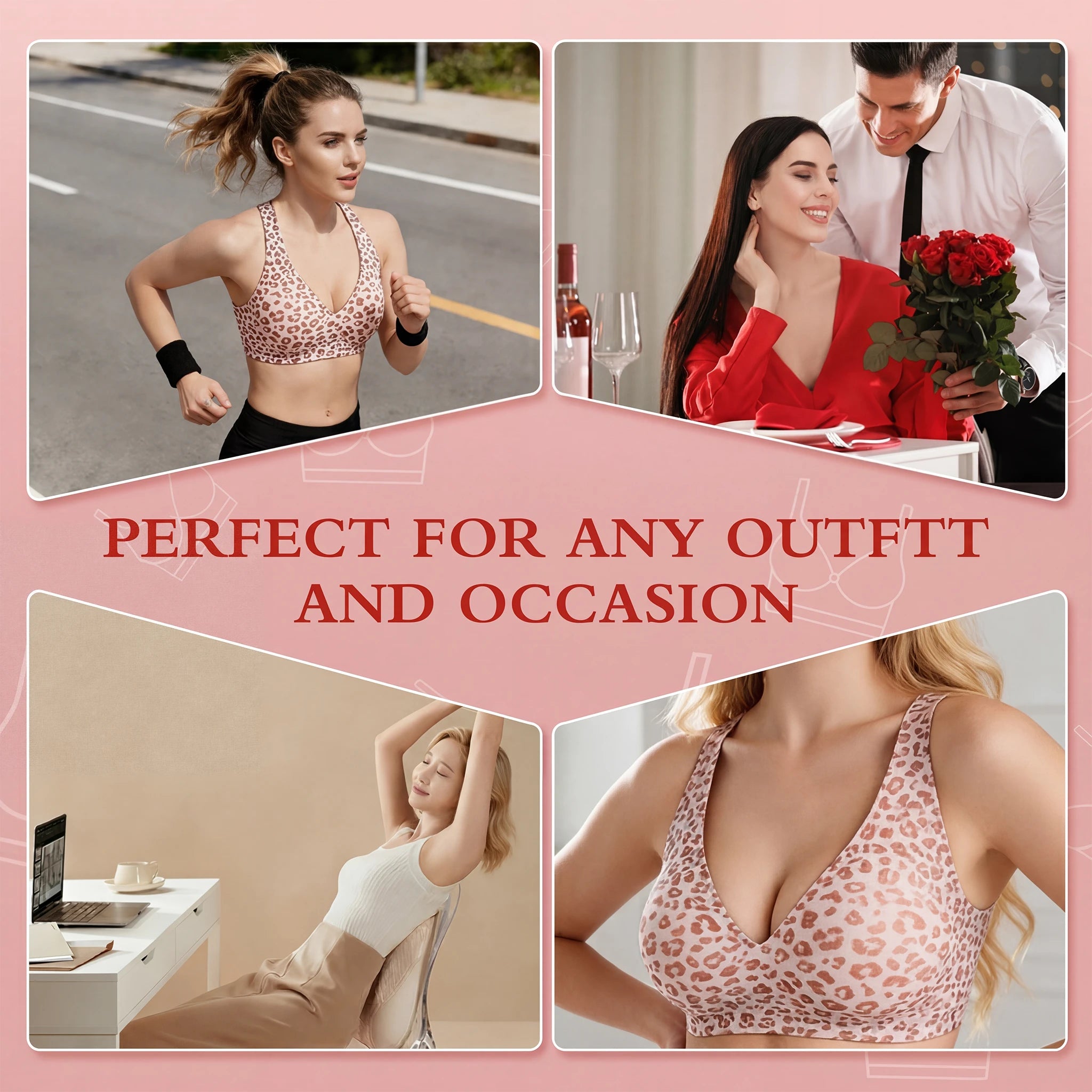 Stylish Leopard Print Jelly Bras for Women No Underwire, Deep V Full Coverage Seamless Supportive Everyday Bra(Leopard Print, Pink, NY02)