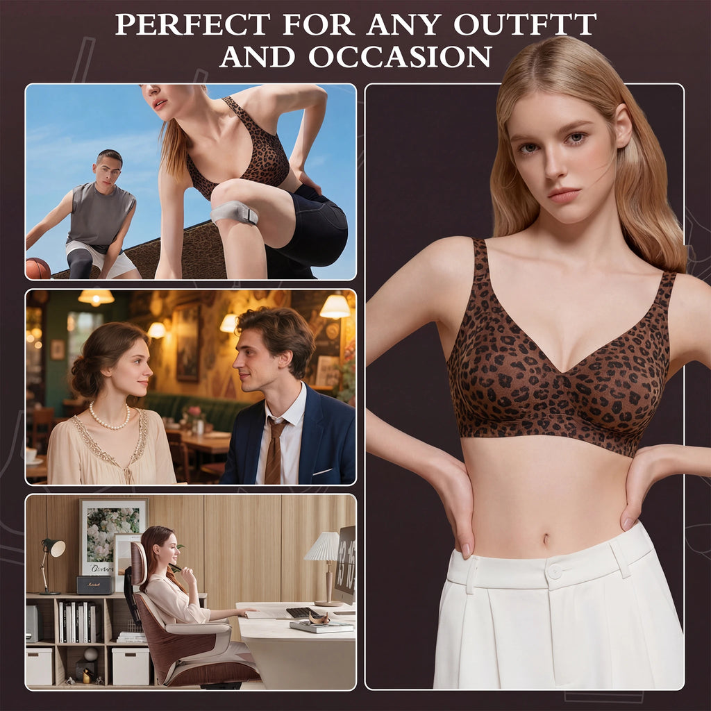 Stylish Leopard Print Jelly Bras for Women No Underwire, Deep V Full Coverage Seamless Supportive Everyday Bra(Leopard Print, Brown, NY02)