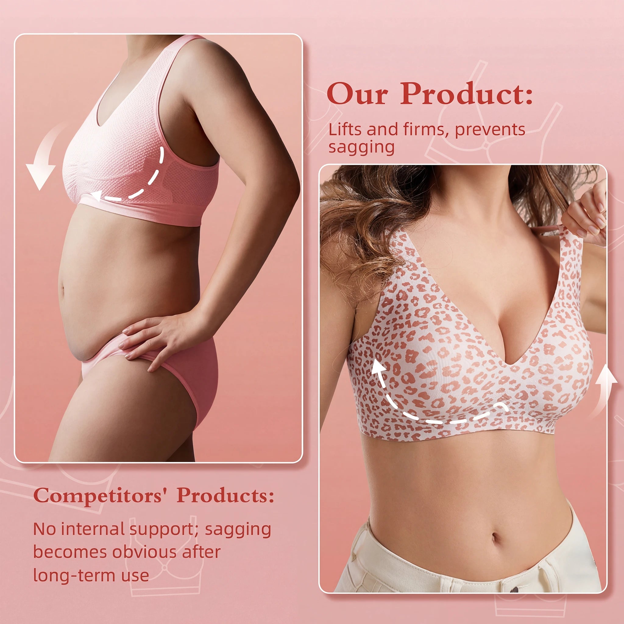 Stylish Leopard Print Jelly Bras for Women No Underwire, Deep V Full Coverage Seamless Supportive Everyday Bra(Leopard Print, Pink, NY02)