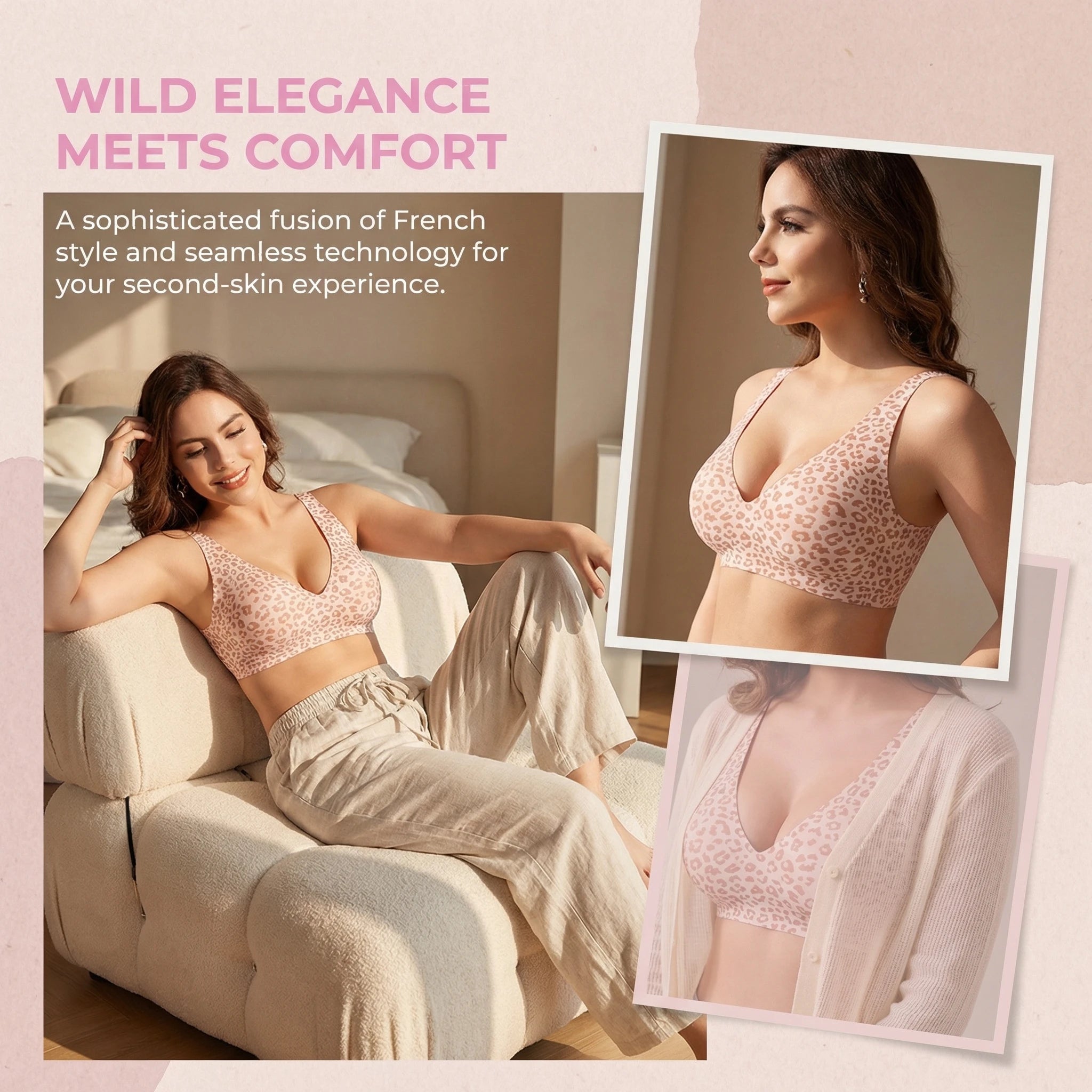 Stylish Leopard Print Jelly Bras for Women No Underwire, Deep V Full Coverage Seamless Supportive Everyday Bra(Leopard Print, Pink, NY02)