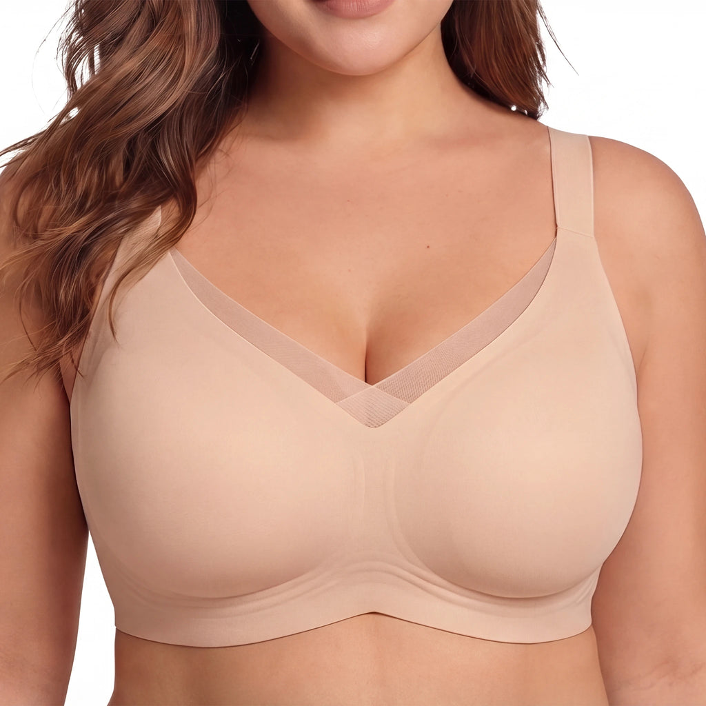 Jelly Bras for Women No Underwire, Lace Deep V Convertible U/X-Back Adjustable Straps Full Coverage Supportive Bra (Nude, NY04)