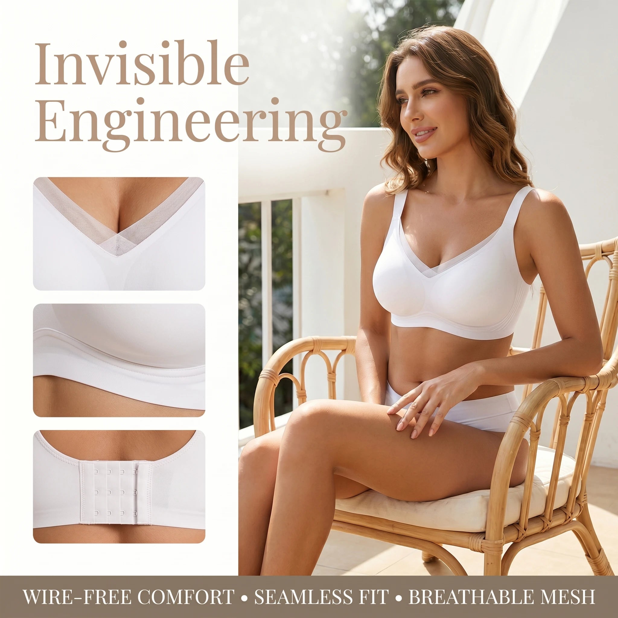 Jelly Bras for Women No Underwire, Lace Deep V Convertible U/X-Back Adjustable Straps Full Coverage Supportive Bra (White, NY04)